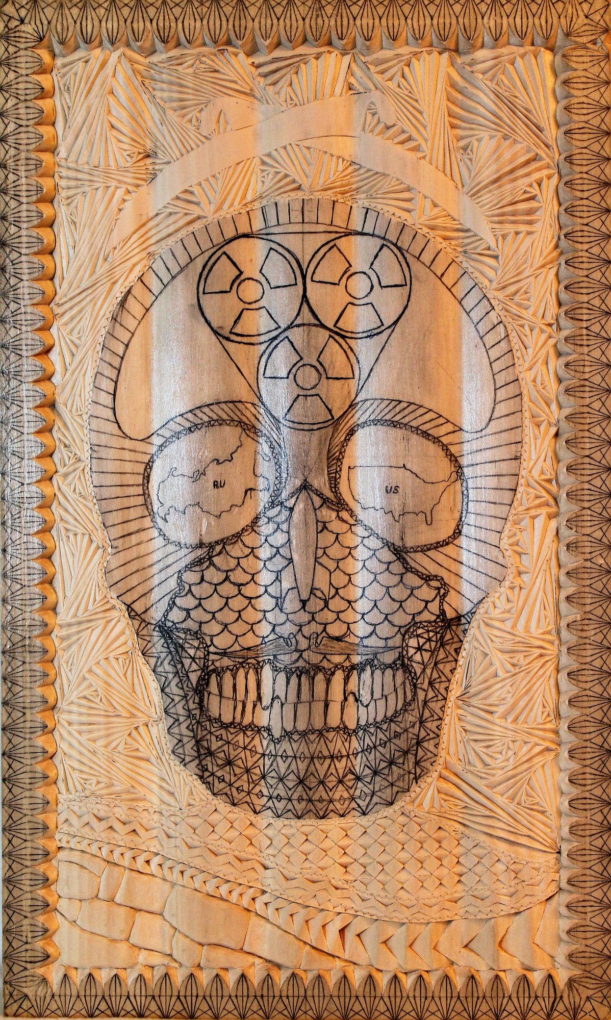Skull, Detailaufnahme Augenhöhlen – Kerbschnitzarbeit